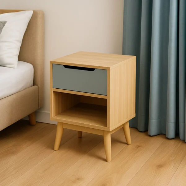 A wooden nightstand with a grey drawer and an open shelf, on tapered legs.