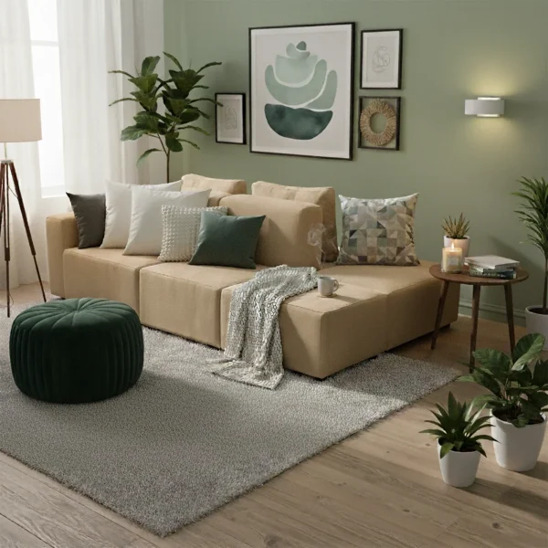 A modular tan sofa with no visible legs, paired with a green velvet tufted ottoman and gallery wall.
