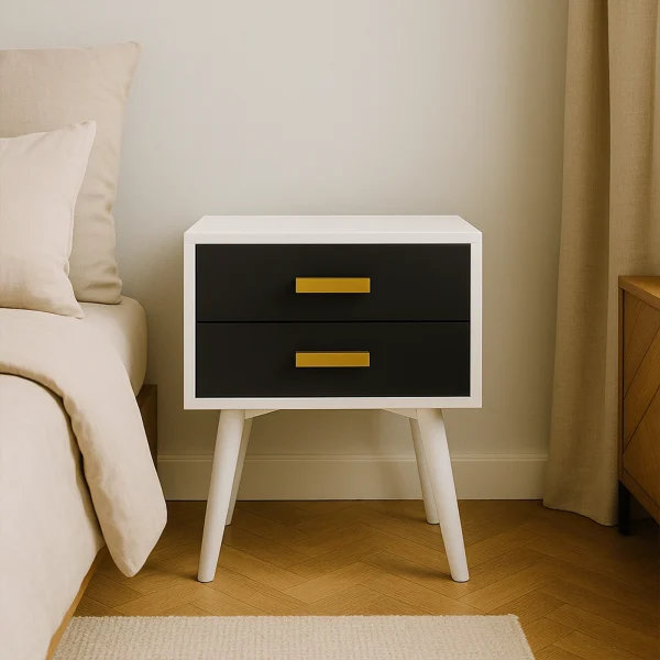 A sleek white nightstand with two black drawers and gold handles, on angled white legs.