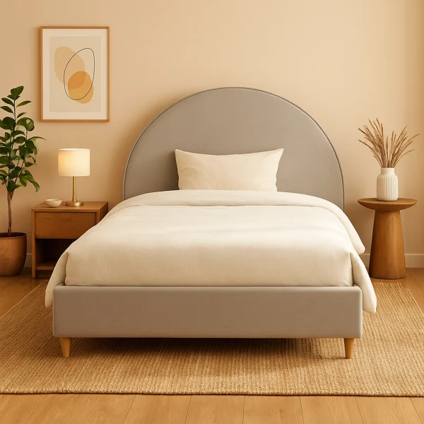 Modern light grey Raya Upholstered Bed with a large, curved headboard, styled in a minimalist bedroom.
