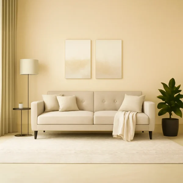 A contemporary beige sofa with accent pillows and a throw, on a light rug, under two art prints.