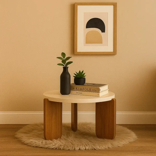 Modern round side table with a unique curved wooden base, styled with a lamp, books, and plants on a fluffy rug.