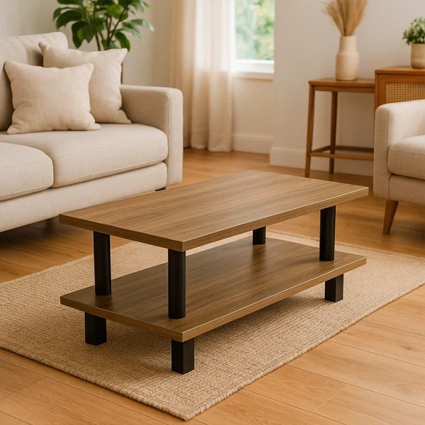 A contemporary wooden coffee table with a lower shelf and black legs, on a textured rug.