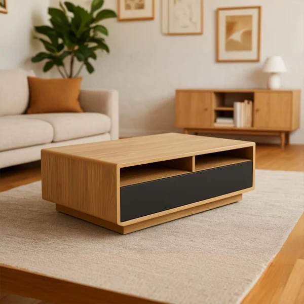 A rectangular wooden coffee table with a black drawer and open shelves, on a light rug in a living room.