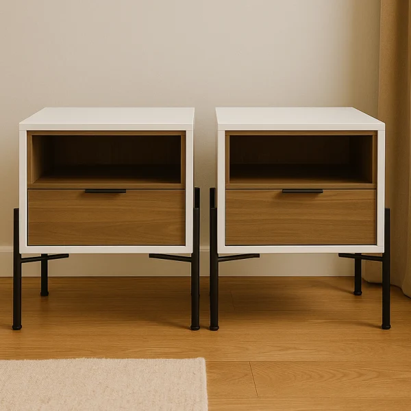 Two matching modern nightstands with white tops, open shelves, wooden drawers, and black metal bases.