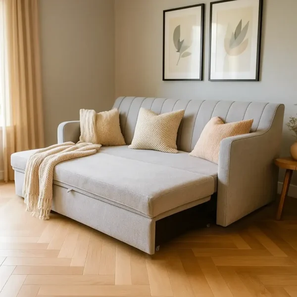 A light gray pull-out sofa bed with ribbed armrests, throw pillows, and a blanket on a wood floor.