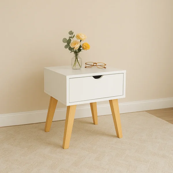 Modern white nightstand with a single drawer and splayed wooden legs, styled with a vase of flowers.