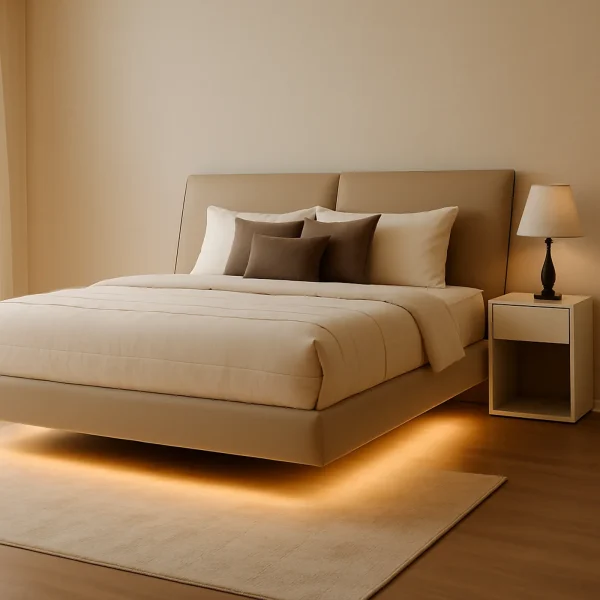 Modern beige upholstered platform bed with integrated glowing under-bed lighting, creating a floating effect.