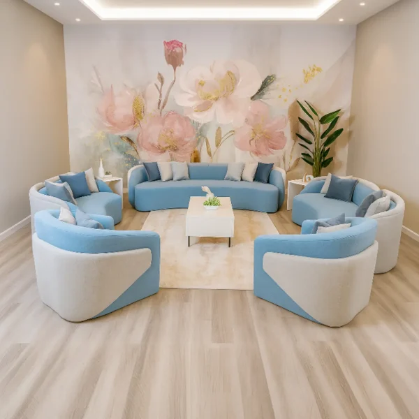 Inviting light blue curved seating and a captivating floral mural for a luxurious, serene living space.