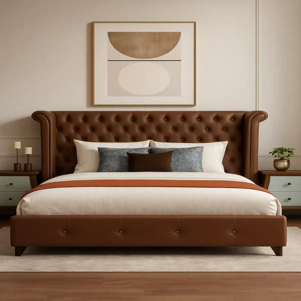 Luxurious brown upholstered wingback bed with deep button tufting on the headboard and footboard.