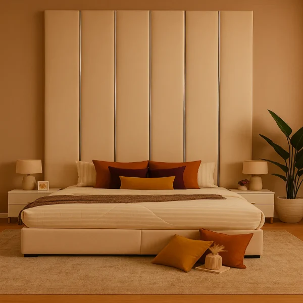 Modern light beige upholstered bed with an exceptionally tall, vertically paneled headboard and matching nightstands.