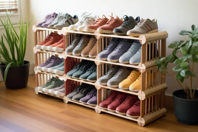 Stylish wooden shoe rack neatly displaying a vibrant collection of modern sneakers, enhancing home organization.
