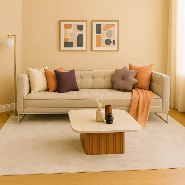 A light beige, tufted sofa with pillows, a fluted coffee table, and abstract art in a modern living room.