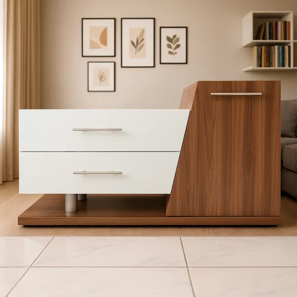 A unique nightstand with two white drawers and a contrasting wood side, sitting on a brown base.