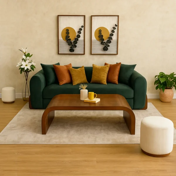 A deep green velvet sofa with pillows in a living room, with a curved wooden coffee table and art.