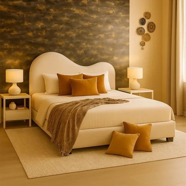 A bedroom featuring a curved cream-colored bed with mustard yellow pillows, and a textured accent wall.