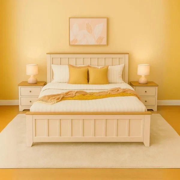 A wooden bed with a slatted headboard and footboard, and a matching pair of nightstands with two drawers.