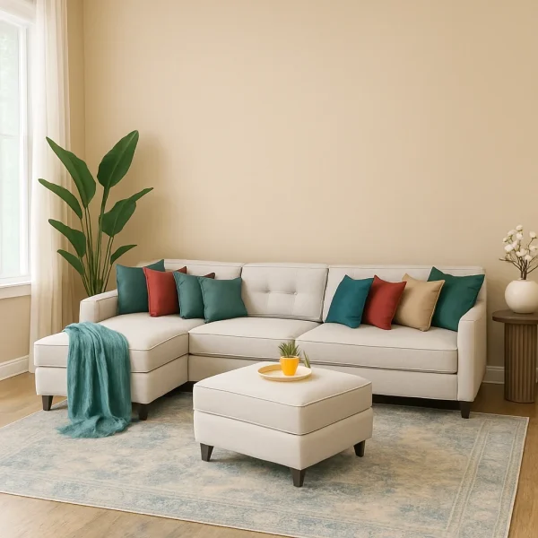 A contemporary beige L-shaped sectional sofa with a chaise and a matching ottoman, decorated with colorful throw pillows.