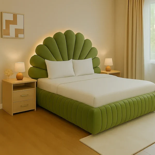 A modern bedroom featuring a green bed with a scalloped headboard and two nightstands with two drawers.