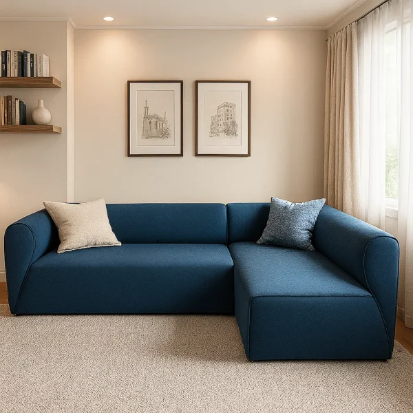 A stylish blue sectional sofa with an ottoman in a modern living room with a beige rug and art.