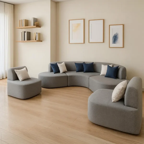 A contemporary living room with a modular gray sofa and two matching armchairs, with a pair of floating shelves.