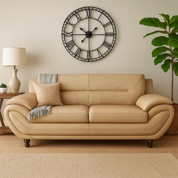 A tan leather two-seater sofa with a large black wall clock above it in a modern living room.