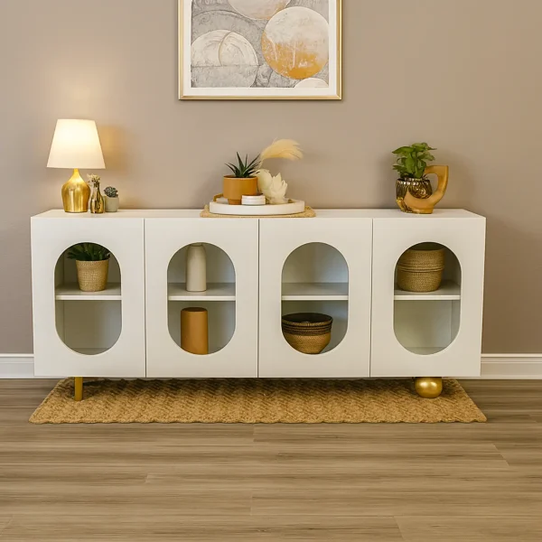 A large white media console with four arched open compartments and a gold-colored base.