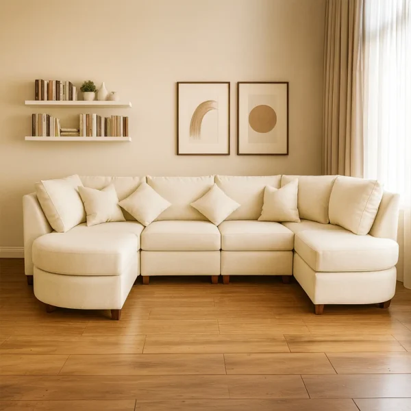 A large cream U-shaped sectional sofa with plush cushions and a rounded chaise on the left.