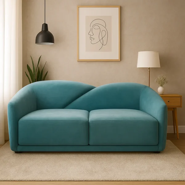 A two-seater blue sofa with a unique backrest design, a light-colored rug, and a minimalist art print.