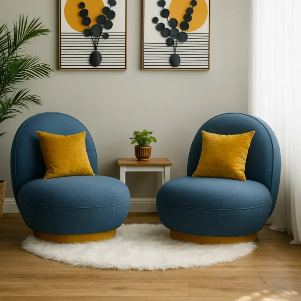 A pair of contemporary, rounded, blue upholstered accent chairs with yellow bases and matching yellow throw pillows, placed on a white faux-fur rug.