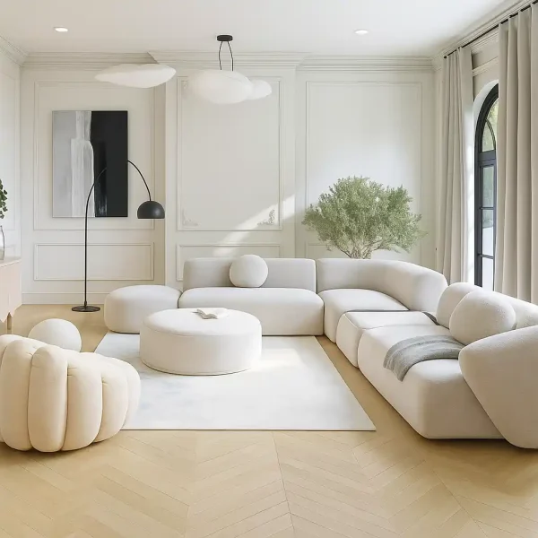 A minimalist, curved modular sectional sofa in cream, with a matching round ottoman, cloud-shaped light fixtures, and a sculptural armchair.
