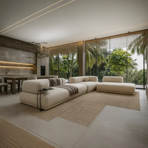 Luxurious, modern low-profile cream modular sofa in a bright, open-plan room with full-height windows and tropical views.