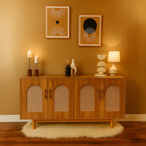 A mid-century modern credenza with four cabinet doors with cane-like arch inserts and gold handles.