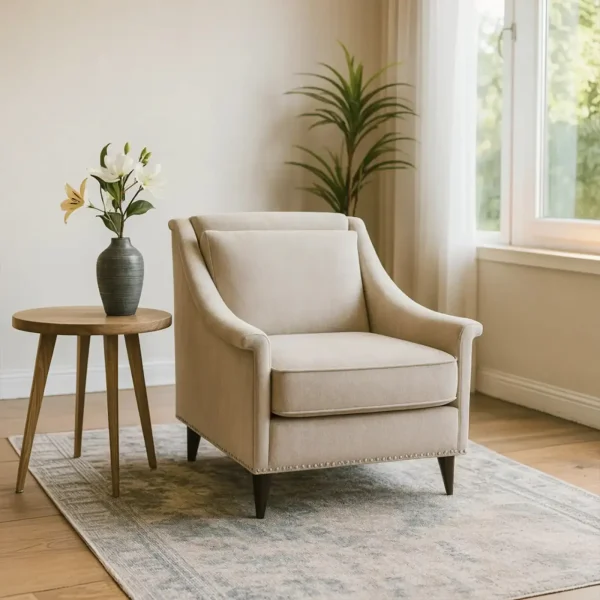 A comfortable beige upholstered armchair with rolled arms, nailhead trim detailing along the base, and dark wooden legs.