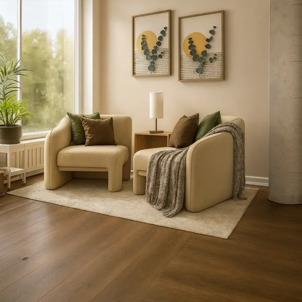 A pair of contemporary cream upholstered lounge chairs with unique U-shaped legs, featuring green and brown throw pillows.