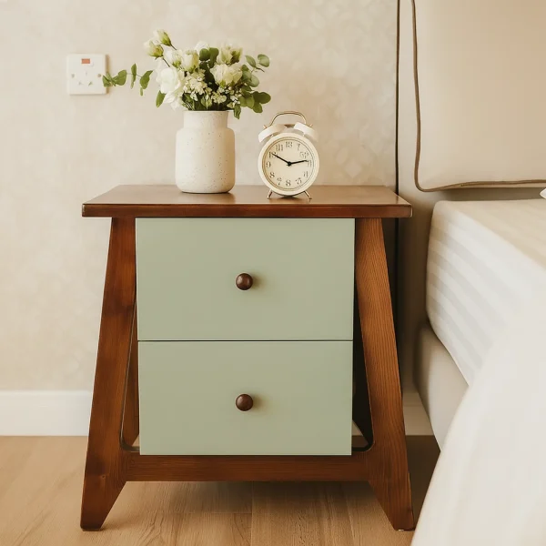 A stylish nightstand with two light green drawers and dark wood legs, with a clock and vase on top.