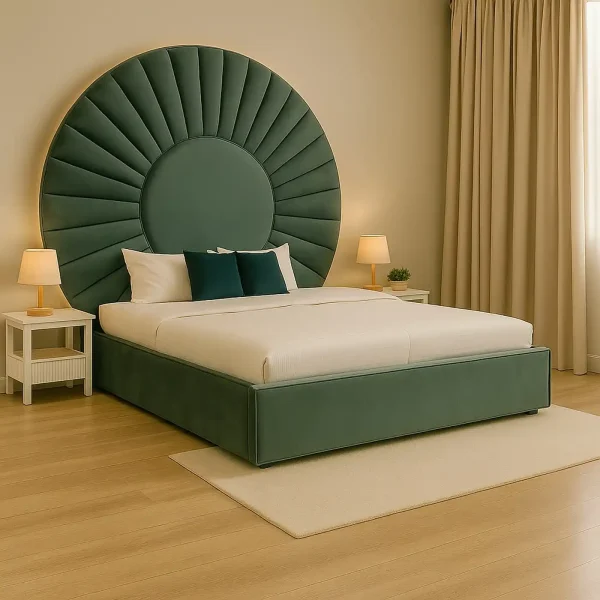 A bed with an oversized, round, green velvet fan headboard with white and green pillows and two nightstands.