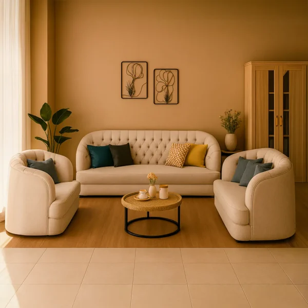 A neutral-toned living room with a beige, tufted sofa and two matching armchairs with a round coffee table.