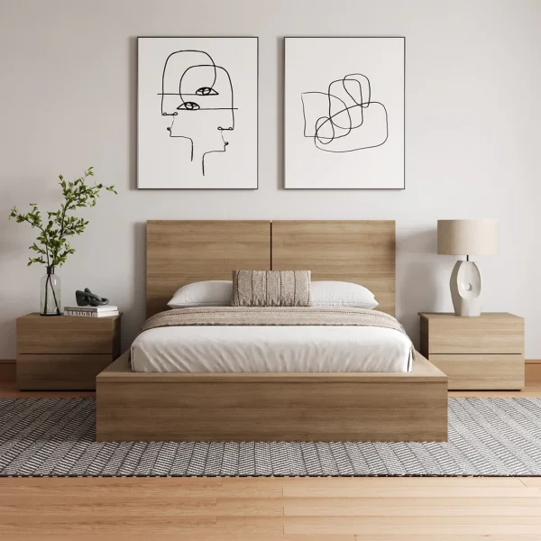 A modern light wood bed with a two-panel headboard, and matching two-drawer nightstands.