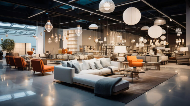 A modern showroom with a grey sectional, orange armchairs, and various spherical pendant lights.