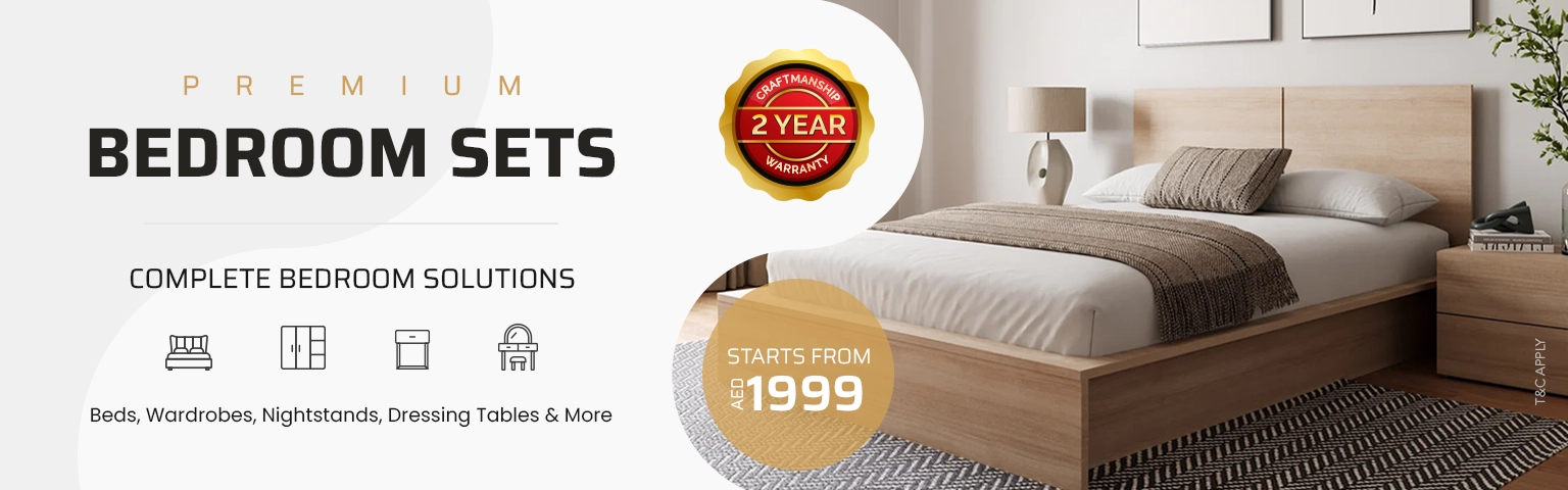 A modern bedroom set is featured in a banner ad for "Premium Bedroom Sets."
