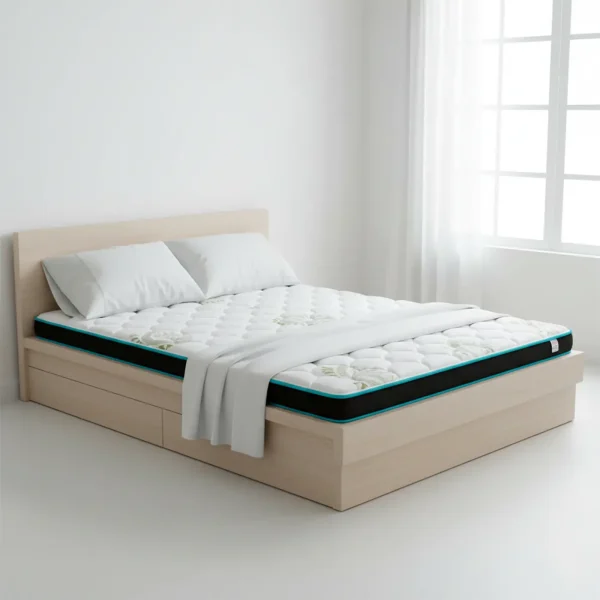 A quilted mattress with a black and teal border sits on a light wood platform bed with storage.