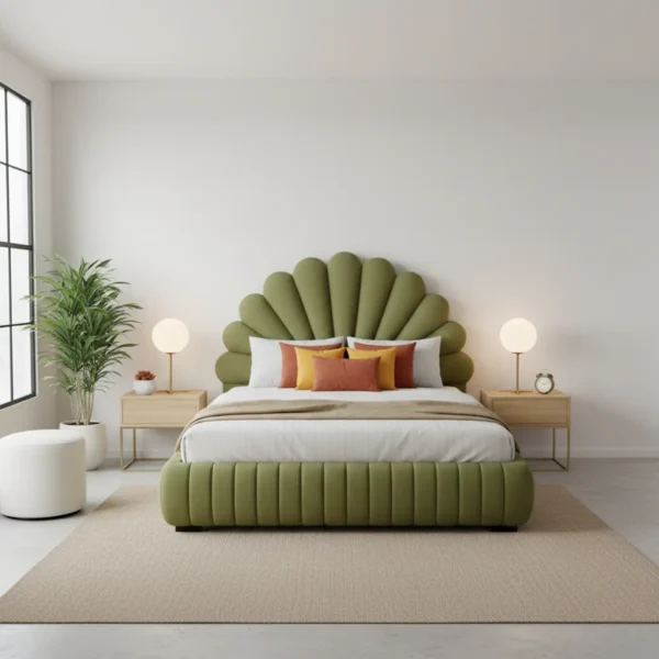 A stylish Art Deco-style bed in olive green velvet with a scallop shell headboard and channel-tufted base.