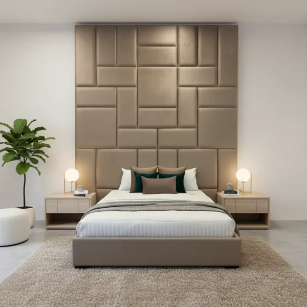 A taupe upholstered bed features an extra-tall, geometric padded wall panel headboard.