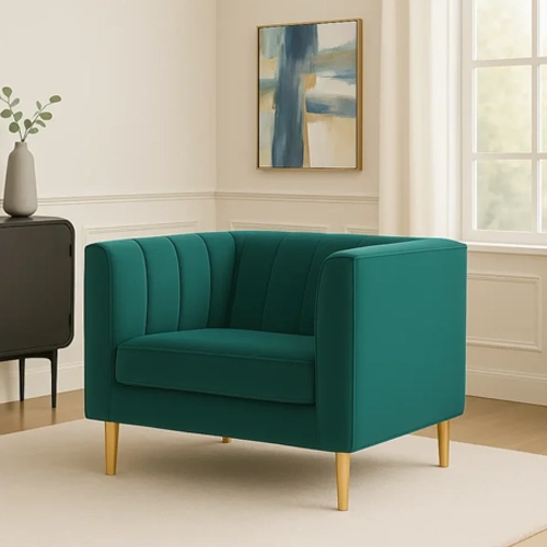 A vibrant teal armchair with vertical channel tufting on the back and gold metal legs.