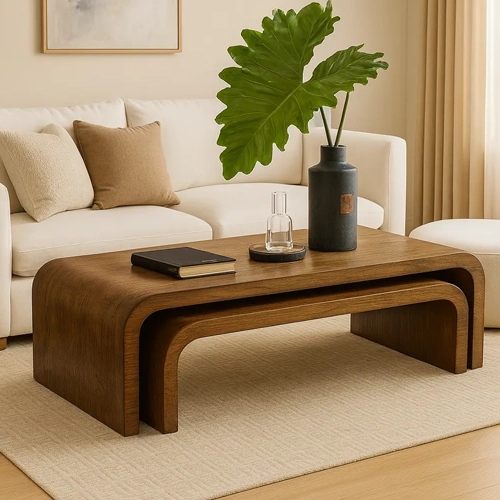 A gray and brown mid-century modern media console with an open shelf and three drawers.