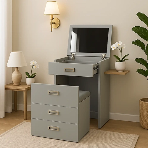 A sleek, modern gray vanity with a built-in mirror and a matching stool with drawers.