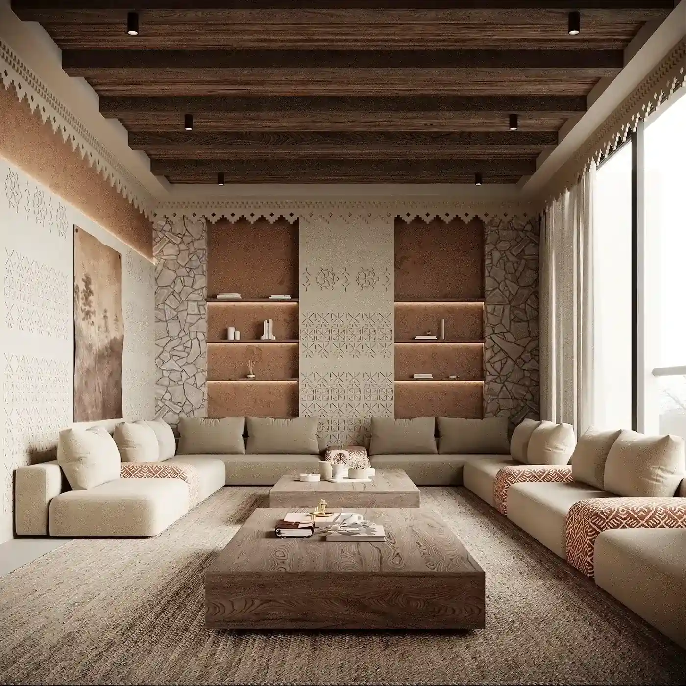 A modern Majlis living room with a U-shaped sofa, two large wooden coffee tables, and textured walls.