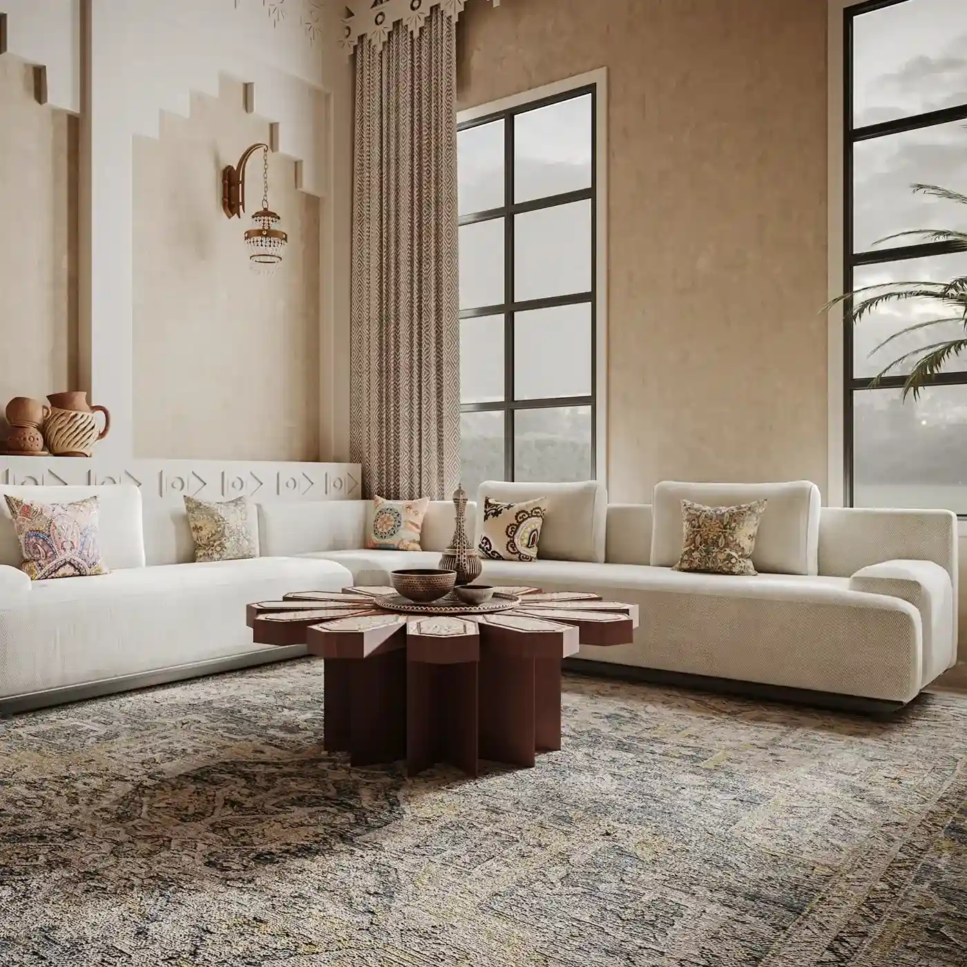 A light-colored, low-profile Majlis sofa in a spacious room, with a unique star-shaped coffee table and large windows.