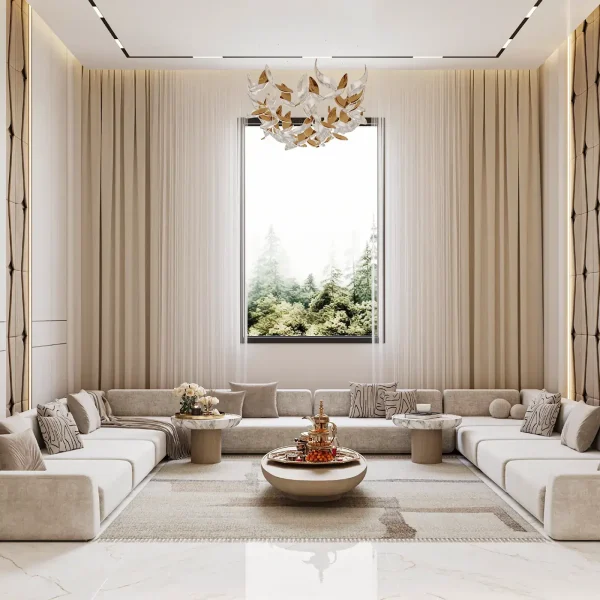 A modern living room with a U-shaped sofa, a unique chandelier, and a large window.